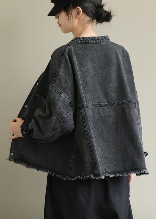 Chic denim black Plus Size clothes Work stand collar pockets outwears