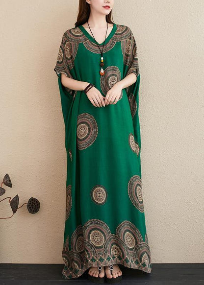 Chic green print outfit v neck Batwing Sleeve Kaftan summer Dresses