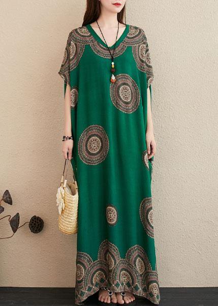 Chic green print outfit v neck Batwing Sleeve Kaftan summer Dresses