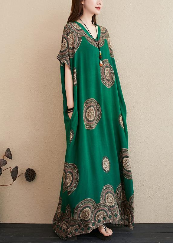 Chic green print outfit v neck Batwing Sleeve Kaftan summer Dresses