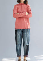 Chic high neck cotton tunics for women Cotton pink shirt