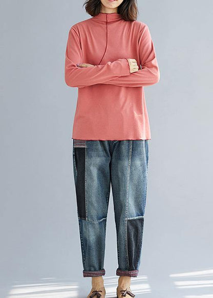 Chic high neck cotton tunics for women Cotton pink shirt