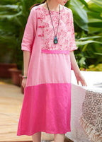 Chic o neck patchwork linen dresses pattern pink print Dresses summer