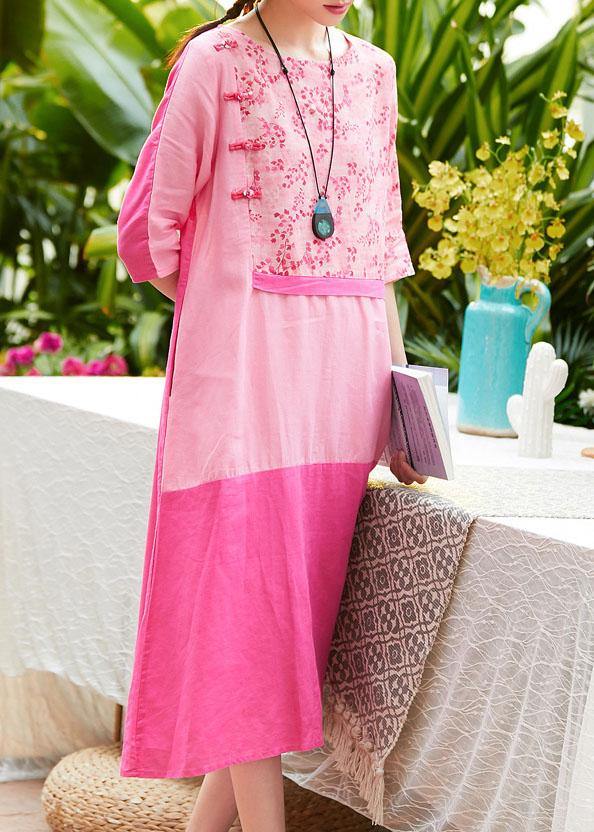 Chic o neck patchwork linen dresses pattern pink print Dresses summer
