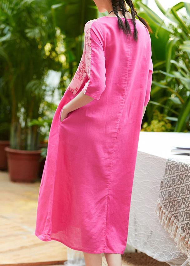 Chic o neck patchwork linen dresses pattern pink print Dresses summer
