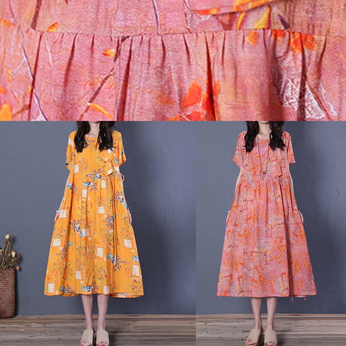 Chic o neck short sleeve cotton summer Wardrobes linen pink print Maxi Dresses