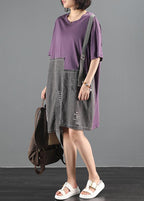 Chic purple patchwork denim dress pattern o neck baggy summer Dress