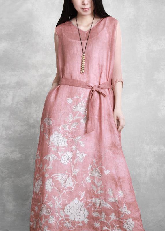 Chic v neck tie waist Wardrobes Catwalk pink print Dress