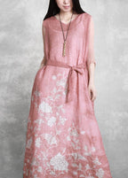 Chic v neck tie waist Wardrobes Catwalk pink print Dress