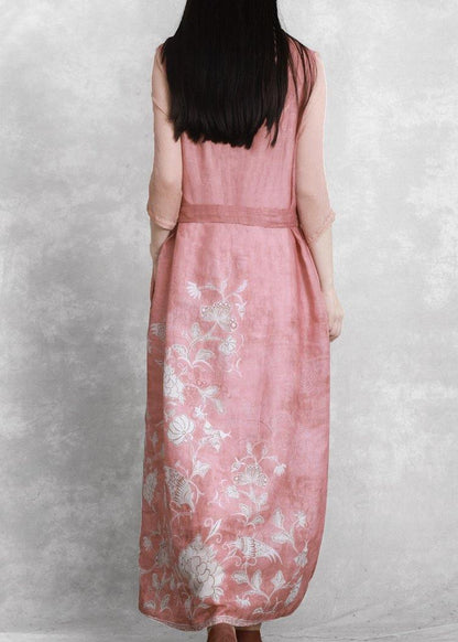 Chic v neck tie waist Wardrobes Catwalk pink print Dress