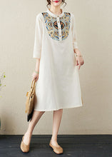 Load image into Gallery viewer, Chinese Style Beige Stand Collar Print Patchwork Linen Mid Dresses Summer