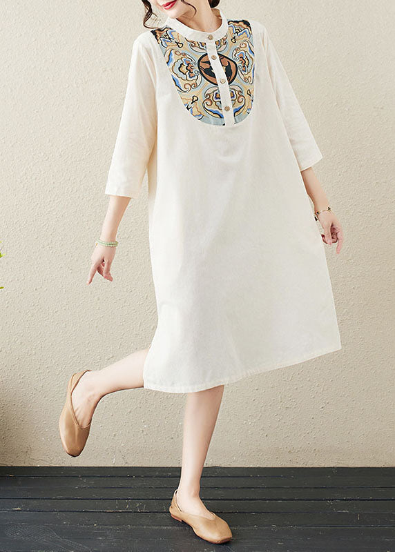 Chinese Style Beige Stand Collar Print Patchwork Linen Mid Dresses Summer