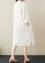 Chinese Style Beige Stand Collar Print Patchwork Linen Mid Dresses Summer