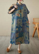 Load image into Gallery viewer, Chinese Style Blue Stand Collar Print Patchwork Linen Dress Summer