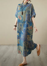 Load image into Gallery viewer, Chinese Style Blue Stand Collar Print Patchwork Linen Dress Summer