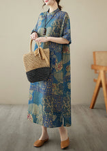 Load image into Gallery viewer, Chinese Style Blue Stand Collar Print Patchwork Linen Dress Summer