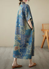 Load image into Gallery viewer, Chinese Style Blue Stand Collar Print Patchwork Linen Dress Summer