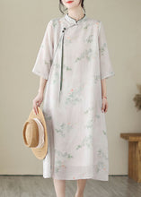 Load image into Gallery viewer, Chinese Style Light Pink Tasseled Print Patchwork Linen Dresses Summer