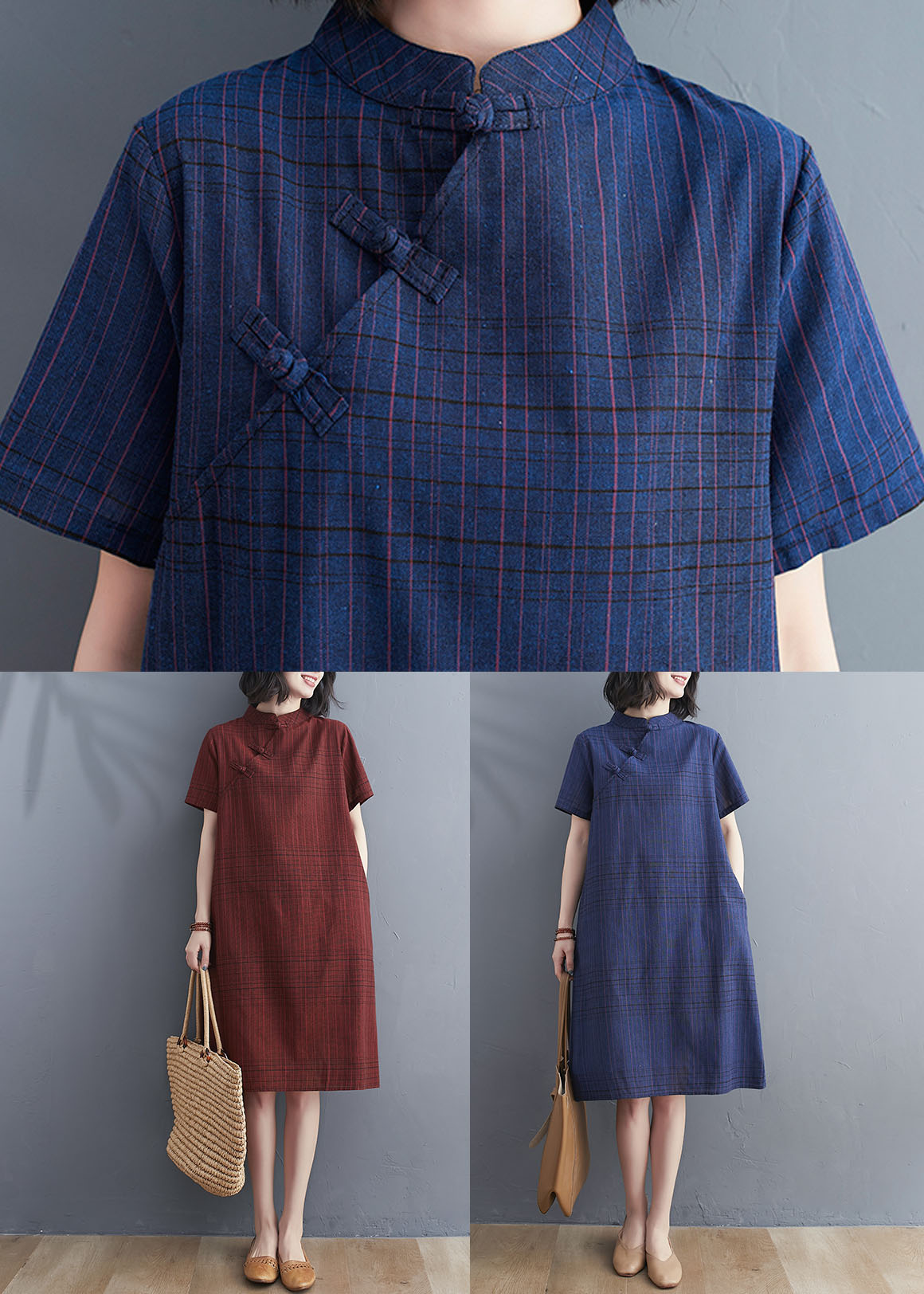 Chinese Style Red Plaid Patchwork Cotton Mid Dress Short Sleeve
