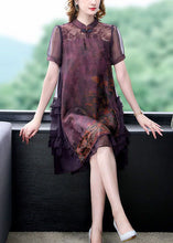 Load image into Gallery viewer, Chinese Style Red Stand Collar Patchwork Ruffles Silk Dress Summer