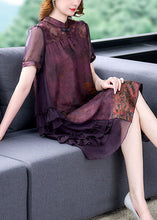 Load image into Gallery viewer, Chinese Style Red Stand Collar Patchwork Ruffles Silk Dress Summer