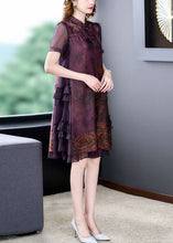 Load image into Gallery viewer, Chinese Style Red Stand Collar Patchwork Ruffles Silk Dress Summer