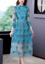 Load image into Gallery viewer, Chinese Style Sky Blue Embroideried Hollow Out Tulle Dress Summer