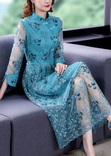 Load image into Gallery viewer, Chinese Style Sky Blue Embroideried Hollow Out Tulle Dress Summer