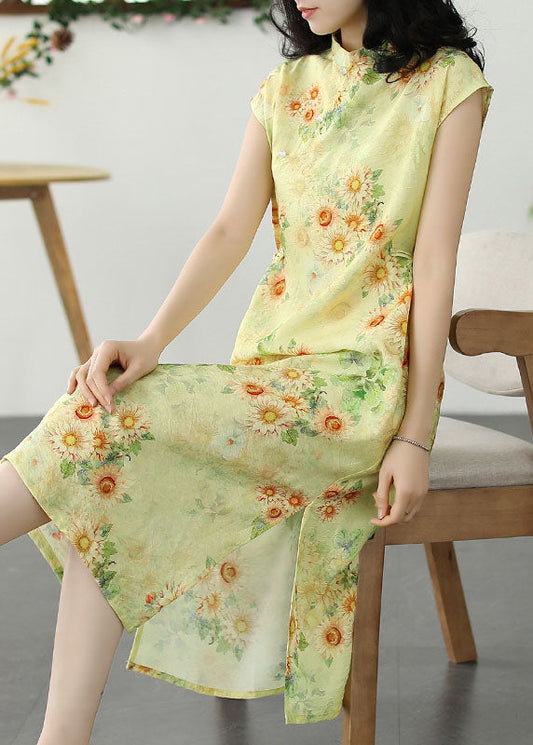 Chinese Style Yellow Print Side Open Patchwork Linen Dress Summer