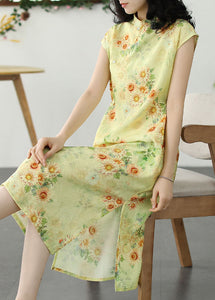 Chinese Style Yellow Print Side Open Patchwork Linen Dress Summer