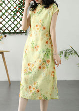 Load image into Gallery viewer, Chinese Style Yellow Print Side Open Patchwork Linen Dress Summer