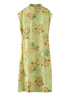 Chinese Style Yellow Print Side Open Patchwork Linen Dress Summer