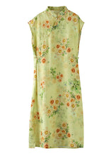 Load image into Gallery viewer, Chinese Style Yellow Print Side Open Patchwork Linen Dress Summer