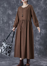 Load image into Gallery viewer, Chocolate Striped Linen Long Dress Cinched Fall