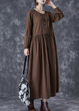 Load image into Gallery viewer, Chocolate Striped Linen Long Dress Cinched Fall