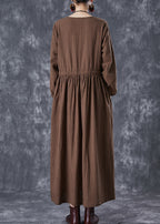 Chocolate Striped Linen Long Dress Cinched Fall