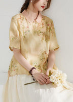 Classy Apricot Patchwork Print Button Summer Ramie Blouse Half Sleeve