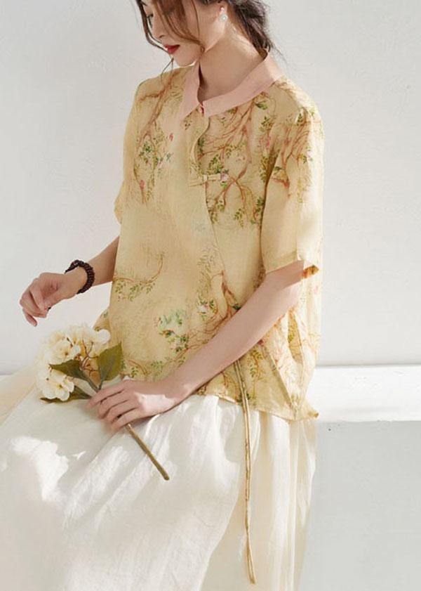 Classy Apricot Patchwork Print Button Summer Ramie Blouse Half Sleeve