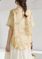 Classy Apricot Patchwork Print Button Summer Ramie Blouse Half Sleeve