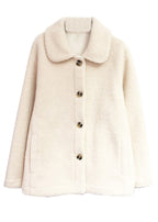 Classy Beige Peter Pan Collar Button Pockets Teddy Faux Fur Coat Fall