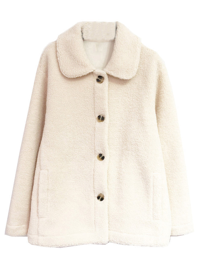 Classy Beige Peter Pan Collar Button Pockets Teddy Faux Fur Coat Fall