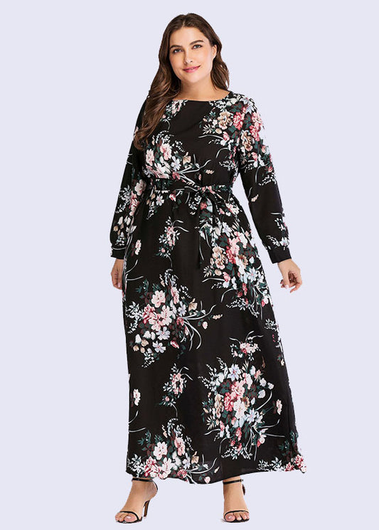 Classy Black O-Neck Embroideried Tunic Long Dress Fall