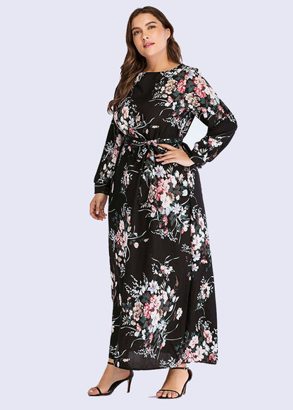 Classy Black O-Neck Embroideried Tunic Long Dress Fall