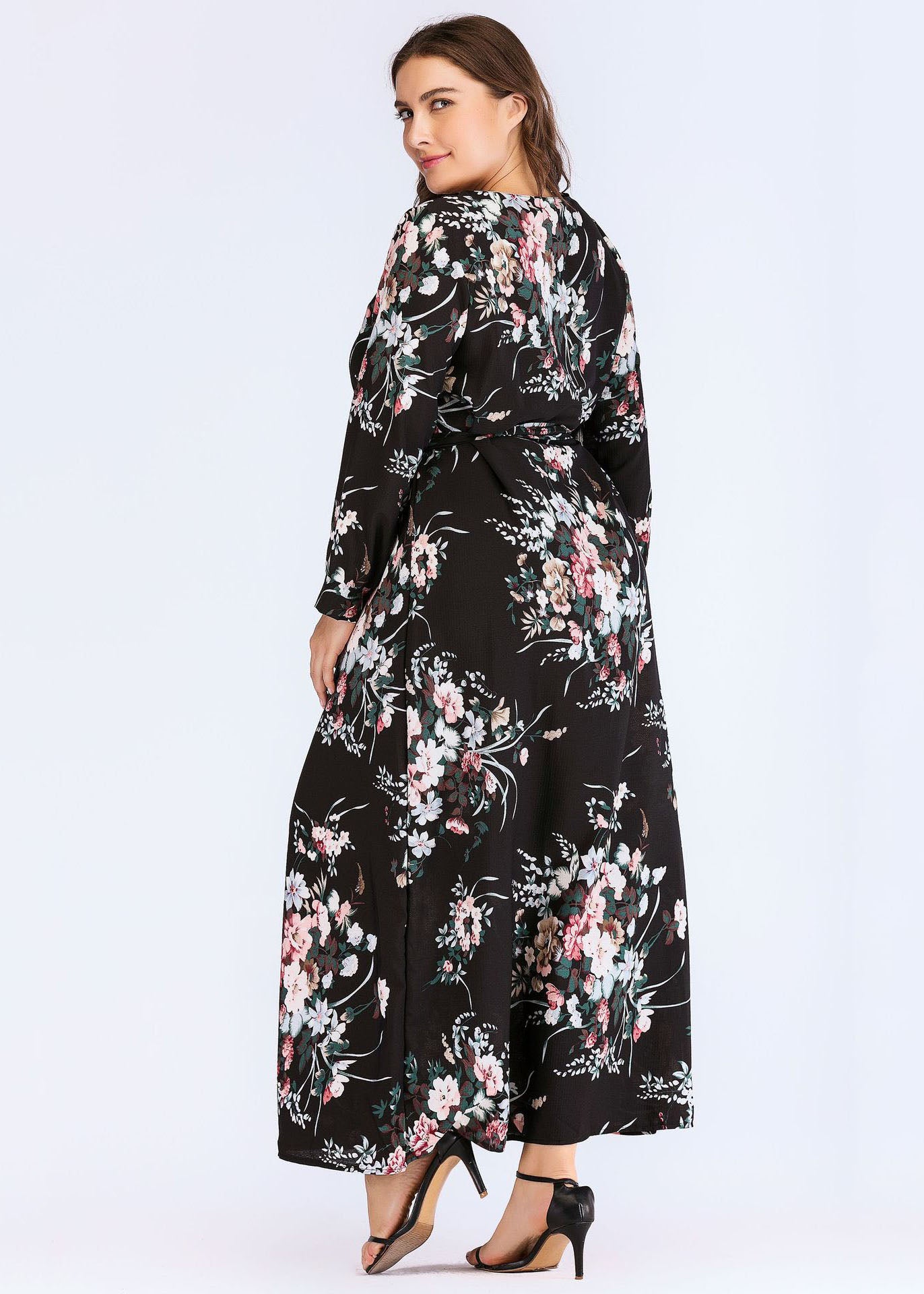 Classy Black O-Neck Embroideried Tunic Long Dress Fall