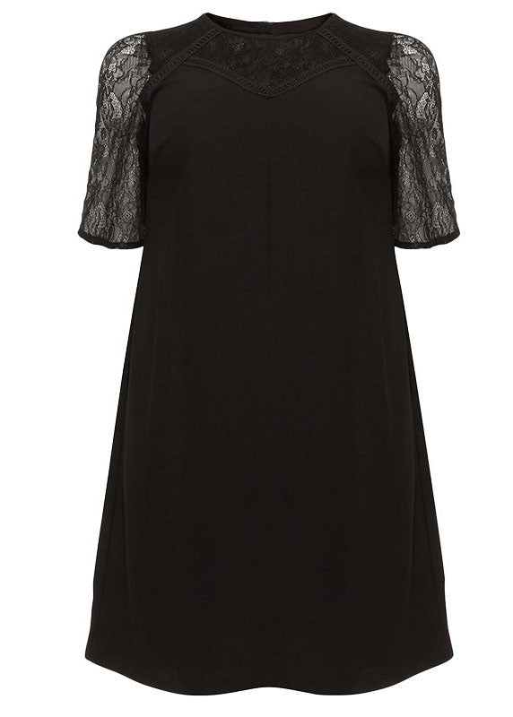 Classy Black O-Neck Hollow Out Lace Patchwork Knit Mid Dress Short Sleeve