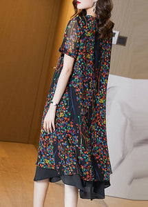 Classy Black O-Neck Patchwork Print Chiffon Long Dress Summer