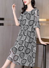 Load image into Gallery viewer, Classy Black O-Neck Print Chiffon A Line Dress Half Sleeve