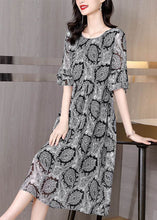Load image into Gallery viewer, Classy Black O-Neck Print Chiffon A Line Dress Half Sleeve