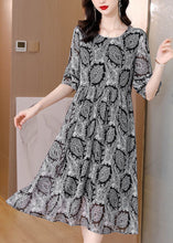 Load image into Gallery viewer, Classy Black O-Neck Print Chiffon A Line Dress Half Sleeve