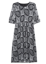Load image into Gallery viewer, Classy Black O-Neck Print Chiffon A Line Dress Half Sleeve
